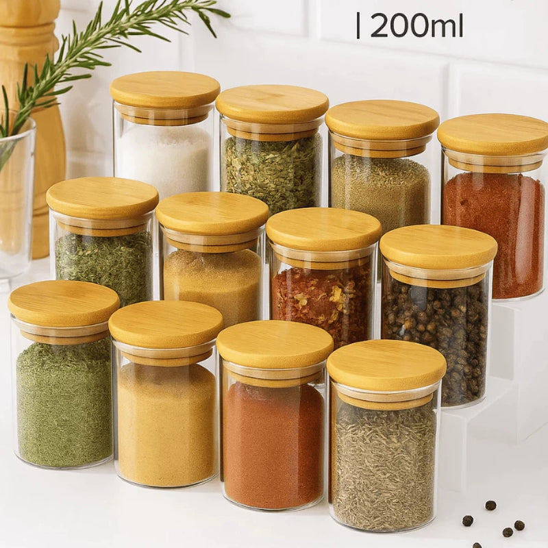 Potes Herméticos de Vidro com Tampa Bambu — Kit