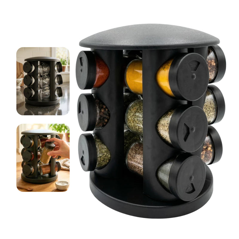 Porta-tempero Giratório 360° — 12 Potes Vidro + Suporte